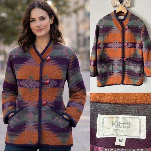 Vintage Southwestern Aztec Style Blanket Coat wool toggle buttons pockets Medium - Picture 9 of 9